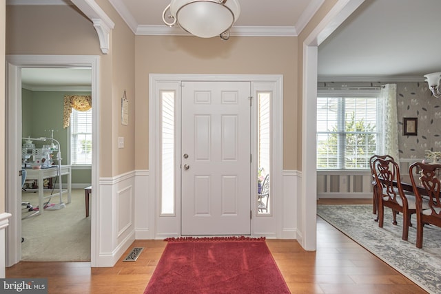 1 Chase Cir, Barto, PA 19504 - foyer entrance with light wood-style flooring, wainscoting, crown molding, and a chandelier