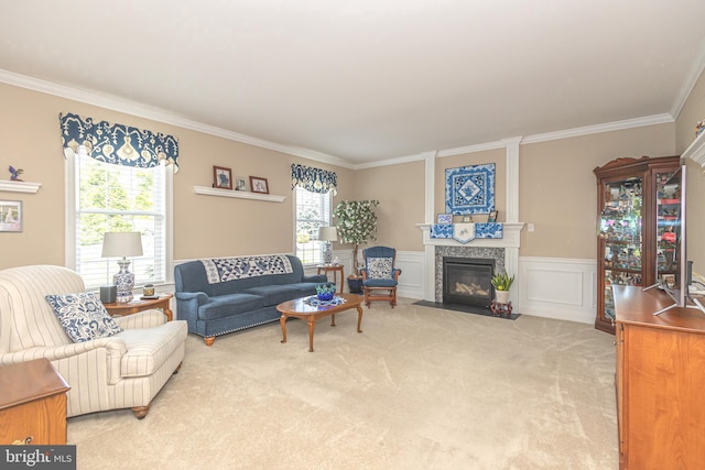 1 Chase Cir, Barto, PA 19504 - living area with ornamental molding, plenty of natural light, light carpet, a fireplace with flush hearth, and wainscoting