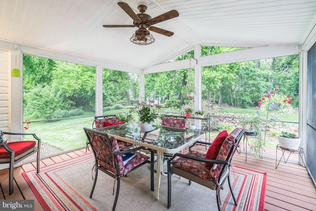 580 Buchanon Rd, Honey Brook, PA 19344 - sunroom / solarium with outdoor dining space, lofted ceiling, a ceiling fan, and view of scattered trees