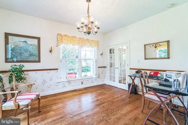 580 Buchanon Rd, Honey Brook, PA 19344 - home office with french doors, wood finished floors, a chandelier, a wainscoted wall, and wallpapered walls