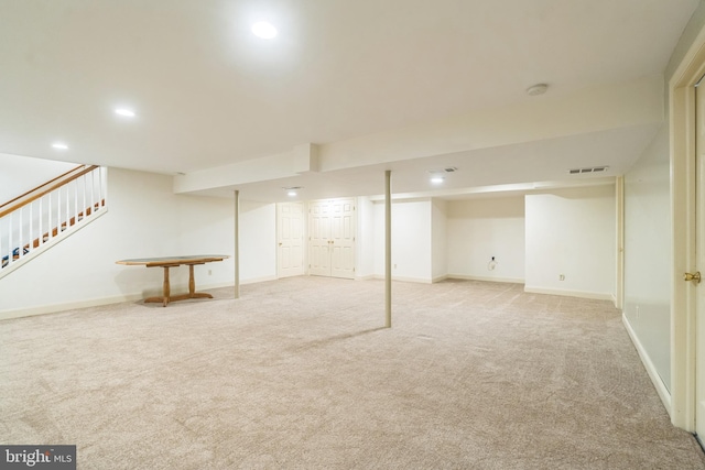 580 Buchanon Rd, Honey Brook, PA 19344 - finished below grade area with light carpet, recessed lighting, and stairway