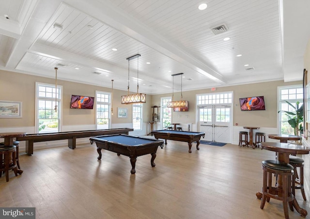 17723 Madaket Way, Lewes, DE 19958 - game room featuring pool table, light wood finished floors, plenty of natural light, crown molding, and a wood ceiling with exposed beams
