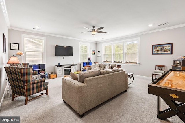17723 Madaket Way, Lewes, DE 19958 - carpeted living area with ceiling fan, ornamental molding, and recessed lighting