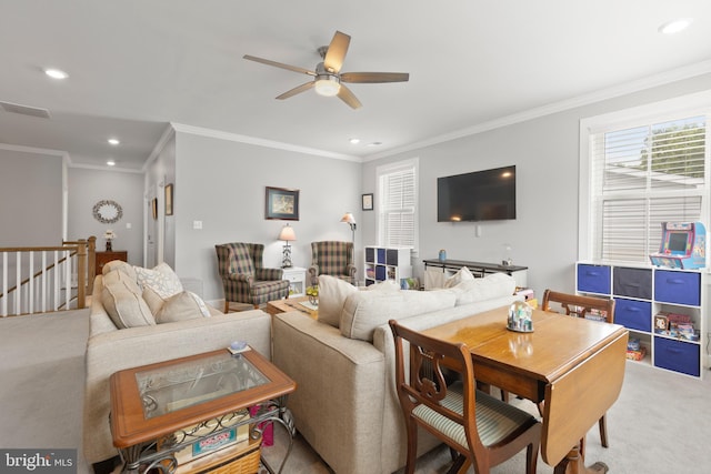 17723 Madaket Way, Lewes, DE 19958 - carpeted living room featuring a ceiling fan, recessed lighting, and crown molding
