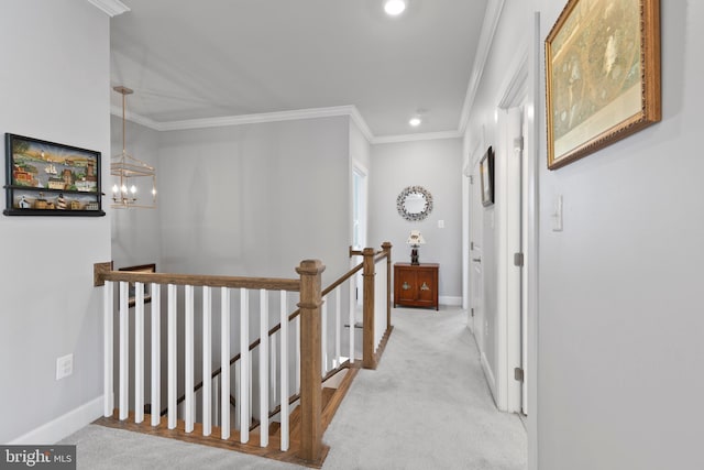 17723 Madaket Way, Lewes, DE 19958 - hallway with an upstairs landing, ornamental molding, carpet, a chandelier, and recessed lighting