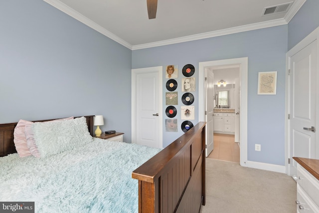 17723 Madaket Way, Lewes, DE 19958 - bedroom with crown molding, light carpet, a ceiling fan, and ensuite bathroom