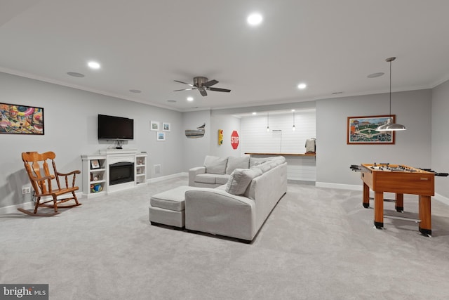 17723 Madaket Way, Lewes, DE 19958 - living room featuring recessed lighting, crown molding, light colored carpet, a ceiling fan, and a fireplace