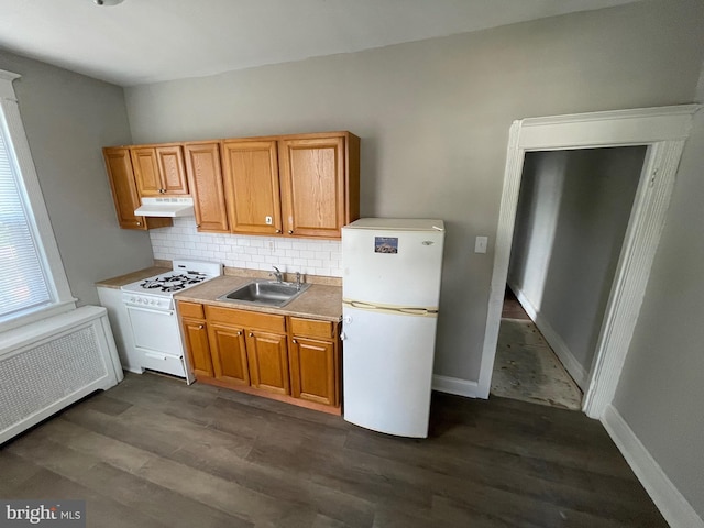 2001 N 52nd St, Philadelphia, PA 19131 - kitchen featuring white appliances, under cabinet range hood, radiator, tasteful backsplash, and dark wood finished floors