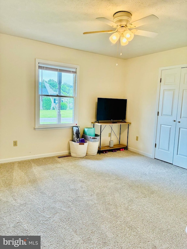 817 Maple Ave, Waynesboro, VA 22980 - unfurnished living room featuring a ceiling fan, carpet, and a textured ceiling