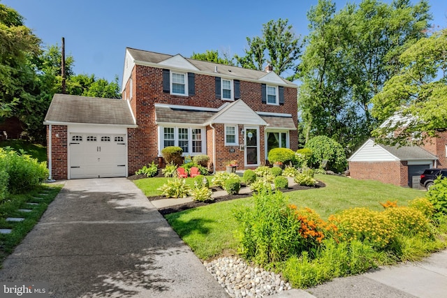 1626 Rose Glen Rd, Havertown, PA 19083 - view of front facade with a garage, brick siding, a front lawn, concrete driveway, and a shingled roof