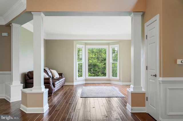 12773 Beebe Ct, Lovettsville, VA 20180 - foyer entrance featuring decorative columns, dark wood-style flooring, and crown molding