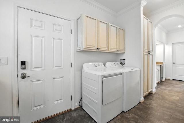 9936 Bell Wood Farm Ln, Nokesville, VA 20181 - washroom featuring crown molding, arched walkways, washer and dryer, and cabinet space