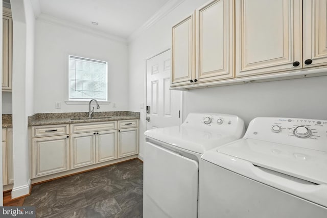 9936 Bell Wood Farm Ln, Nokesville, VA 20181 - washroom with cabinet space, washer and dryer, and crown molding