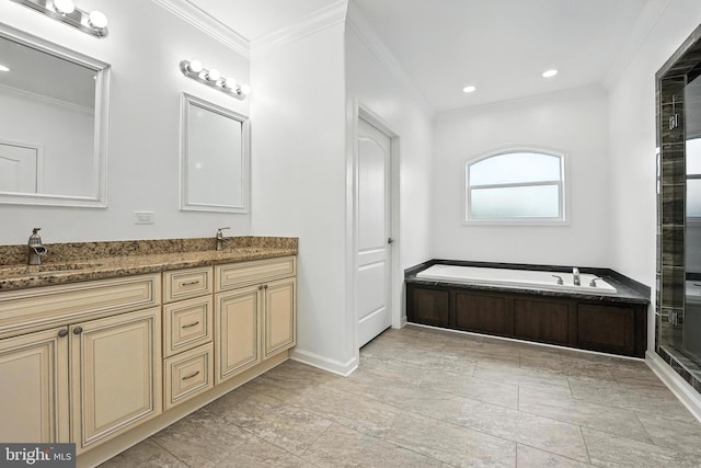 9936 Bell Wood Farm Ln, Nokesville, VA 20181 - full bath with double vanity, a bath, ornamental molding, a tile shower, and recessed lighting