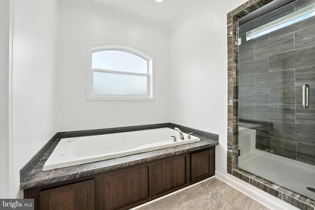 9936 Bell Wood Farm Ln, Nokesville, VA 20181 - bathroom with a garden tub, a shower stall, and crown molding