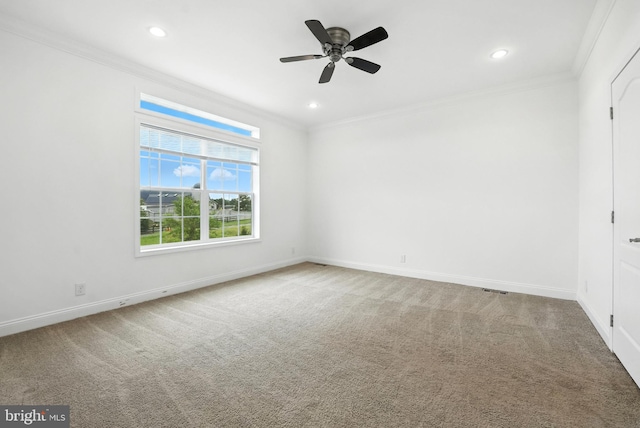 9936 Bell Wood Farm Ln, Nokesville, VA 20181 - spare room featuring ornamental molding, ceiling fan, carpet, and recessed lighting