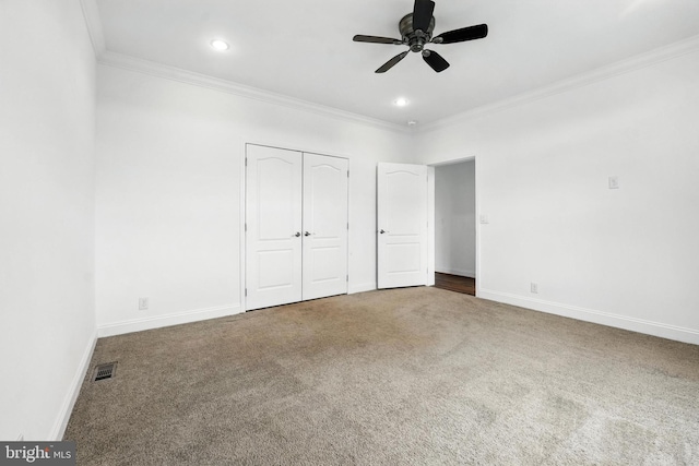 9936 Bell Wood Farm Ln, Nokesville, VA 20181 - unfurnished bedroom featuring crown molding, carpet flooring, recessed lighting, a closet, and ceiling fan