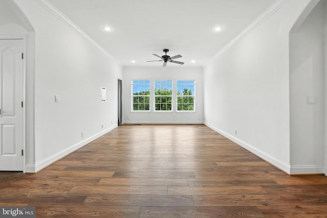 9936 Bell Wood Farm Ln, Nokesville, VA 20181 - unfurnished room with arched walkways, ceiling fan, ornamental molding, hardwood / wood-style flooring, and recessed lighting