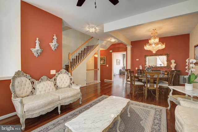 43855 Tattinger Ter, Ashburn, VA 20148 - living area with wood finished floors, ceiling fan, stairway, a chandelier, and ornate columns