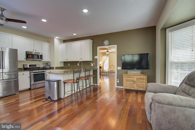 43855 Tattinger Ter, Ashburn, VA 20148 - kitchen with appliances with stainless steel finishes, ceiling fan, open floor plan, white cabinets, and recessed lighting