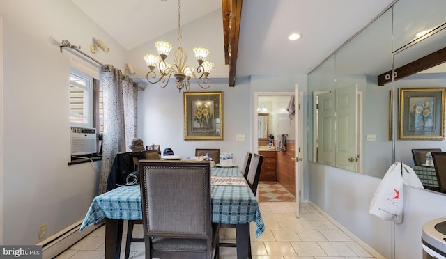 315 Leedom Ave, Bristol, PA 19007 - dining space featuring a chandelier, light tile patterned flooring, vaulted ceiling, and cooling unit