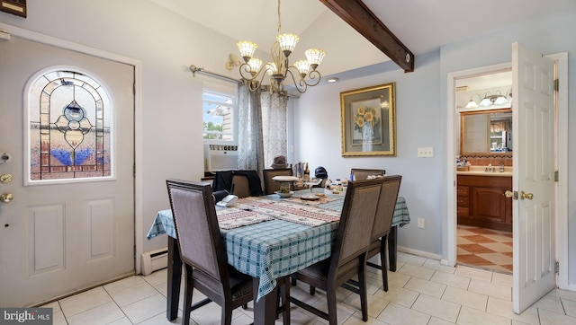 315 Leedom Ave, Bristol, PA 19007 - dining room featuring a chandelier, a baseboard heating unit, cooling unit, and light tile patterned floors