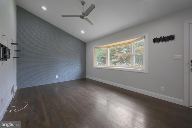 26 Hemlock Dr, Parlin, NJ 08859 - spare room featuring a ceiling fan, wood finished floors, vaulted ceiling, brick wall, and recessed lighting