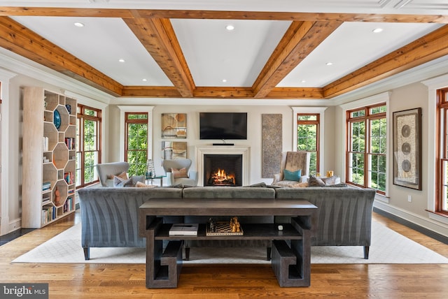 3801 52nd St NW, Washington, DC 20016 - living area featuring recessed lighting, a lit fireplace, wood finished floors, and beamed ceiling