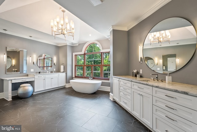 3801 52nd St NW, Washington, DC 20016 - bathroom featuring a chandelier, crown molding, two vanities, a freestanding bath, and marble finish flooring