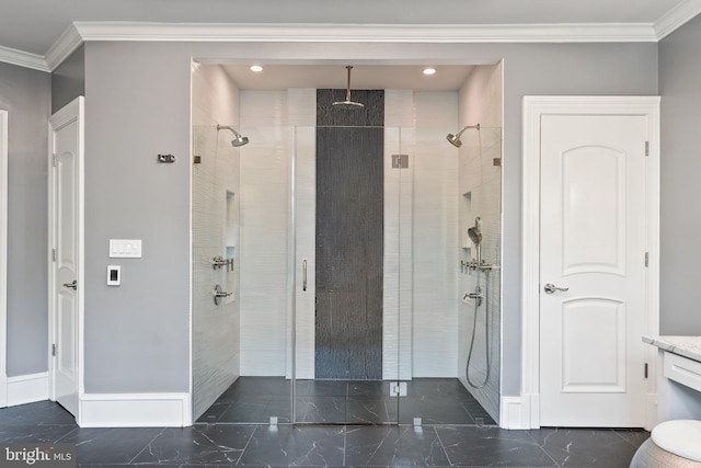 3801 52nd St NW, Washington, DC 20016 - full bathroom featuring ornamental molding, a stall shower, marble look tiles, recessed lighting, and vanity