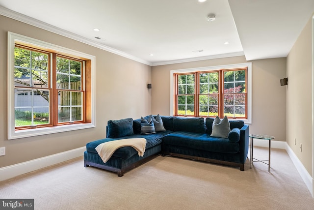 3801 52nd St NW, Washington, DC 20016 - living room with plenty of natural light, light carpet, crown molding, and recessed lighting
