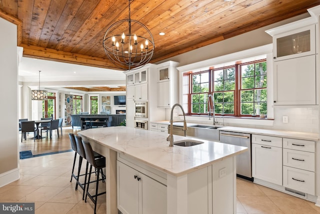 3801 52nd St NW, Washington, DC 20016 - kitchen with wood ceiling, stainless steel appliances, a chandelier, and plenty of natural light