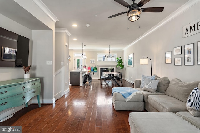 103 Norma Aly, Annapolis, MD 21403 - living area with ceiling fan, ornamental molding, a chandelier, dark wood-type flooring, and recessed lighting