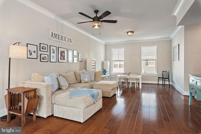103 Norma Aly, Annapolis, MD 21403 - living room featuring ornamental molding, a ceiling fan, and dark wood-type flooring