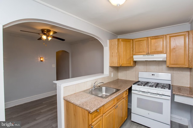7152 N 20th St, Philadelphia, PA 19138 - kitchen featuring white gas range, under cabinet range hood, arched walkways, and backsplash