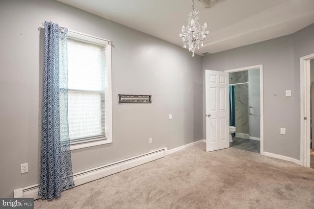 214 Crooked Ln, King Of Prussia, PA 19406 - unfurnished bedroom featuring baseboard heating, multiple windows, a chandelier, and carpet flooring