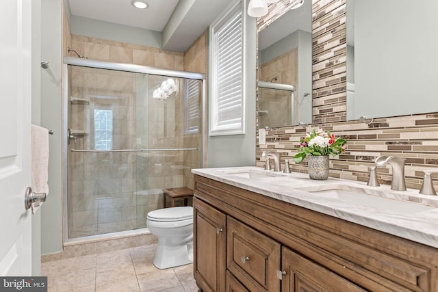 311 W 3rd Ave, Conshohocken, PA 19428 - bathroom featuring double vanity, a stall shower, backsplash, tile patterned flooring, and recessed lighting