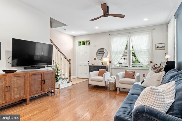 311 W 3rd Ave, Conshohocken, PA 19428 - living area with light wood finished floors, stairs, a ceiling fan, and recessed lighting