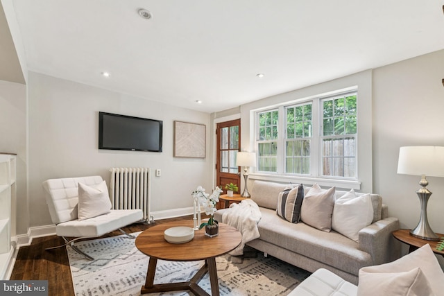 1918 E Albert St, Philadelphia, PA 19125 - living room featuring radiator heating unit, wood finished floors, and recessed lighting