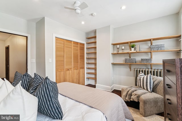 1918 E Albert St, Philadelphia, PA 19125 - bedroom featuring a closet, recessed lighting, wood finished floors, radiator, and a ceiling fan