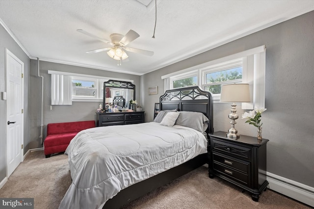 15 Paul Rd, Maple Shade, NJ 08052 - carpeted bedroom featuring baseboard heating, ornamental molding, a ceiling fan, and a textured ceiling