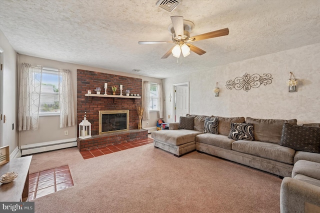 15 Paul Rd, Maple Shade, NJ 08052 - carpeted living room featuring a baseboard radiator, plenty of natural light, a textured ceiling, ceiling fan, and a brick fireplace