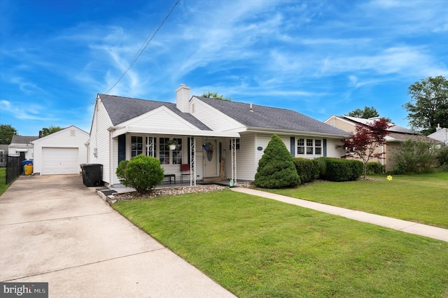15 Paul Rd, Maple Shade, NJ 08052 - view of front of home featuring covered porch, driveway, a front yard, a chimney, and an outdoor structure