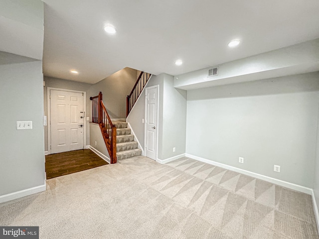 3801 Ridge Knoll Ct Unit 206A, Fairfax, VA 22033 - finished below grade area with carpet, recessed lighting, and stairs