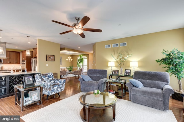 4136 Shanelle Ct Lot 10, Hampstead, MD 21074 - living area featuring wood finished floors, a chandelier, ceiling fan, and recessed lighting