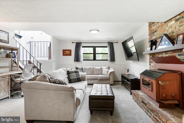 1215 Lorene Dr, Pasadena, MD 21122 - living room featuring light carpet, a textured ceiling, and stairs