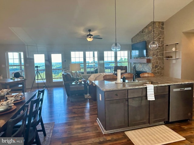 240 Howellsville Rd, Front Royal, VA 22630 - kitchen with stainless steel dishwasher, open floor plan, ceiling fan, dark wood-style floors, and vaulted ceiling