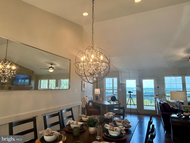 240 Howellsville Rd, Front Royal, VA 22630 - dining room featuring ceiling fan, a chandelier, recessed lighting, wood finished floors, and lofted ceiling