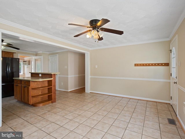 1440 Cedarhurst Rd, Shady Side, MD 20764 - kitchen featuring freestanding refrigerator, open shelves, ceiling fan, light tile patterned floors, and a kitchen island