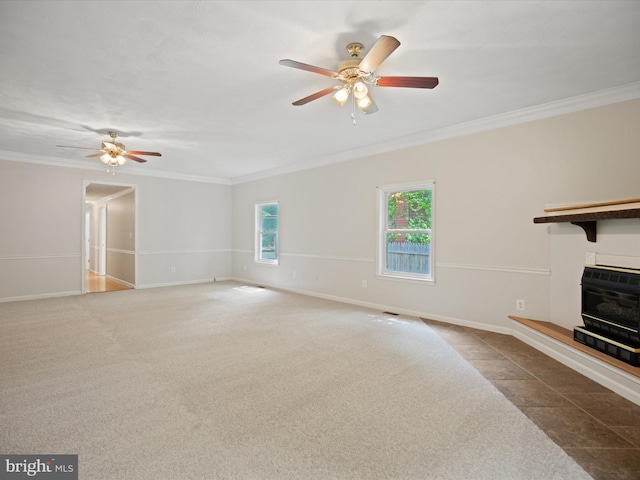 1440 Cedarhurst Rd, Shady Side, MD 20764 - unfurnished living room with a ceiling fan, crown molding, heating unit, and carpet floors